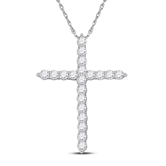 14k White Gold Womens Round Diamond Cross Pendant 1/2 Cttw