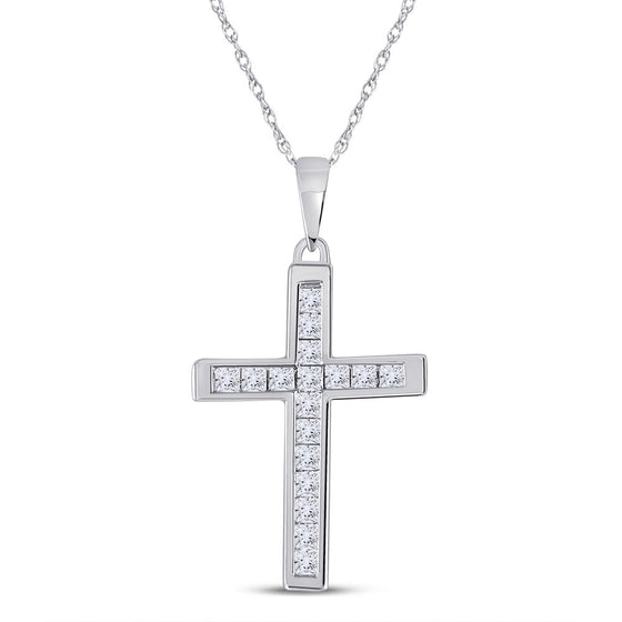 10k White Gold Womens Princess Diamond Cross Pendant 1/3 Cttw