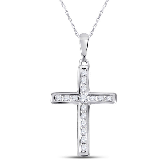 10k White Gold Womens Round Diamond Cross Pendant 1/4 Cttw