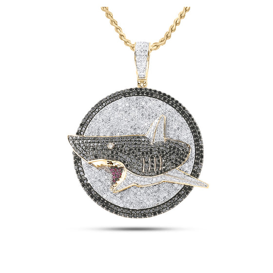 14k Yellow Gold Mens Round Black Color Enhanced Diamond Shark Pendant 4-7/8 Cttw