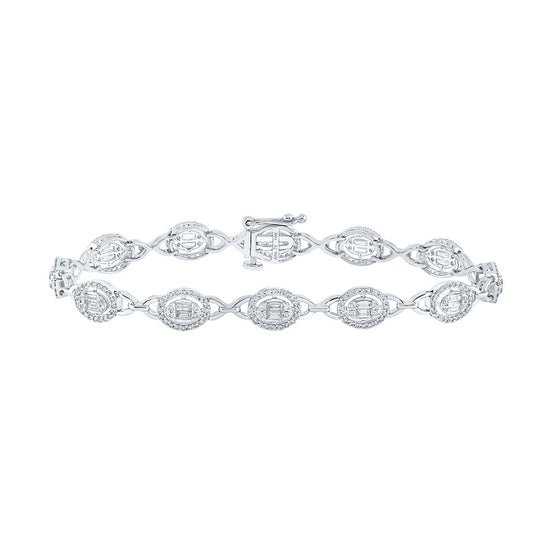 14k White Gold Womens Baguette Diamond Oval Link Bracelet 2 Cttw