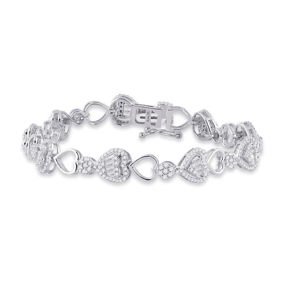14k White Gold Womens Baguette Diamond Heart Link Bracelet 1-3/4 Cttw