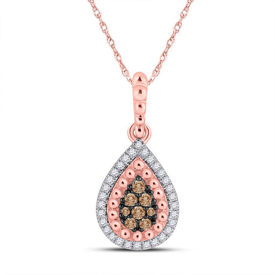 10k Rose Gold Womens Round Brown Diamond Teardrop Pendant 1/4 Cttw