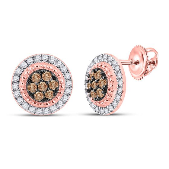 10k Rose Gold Womens Round Brown Diamond Cluster Earrings 3/8 Cttw