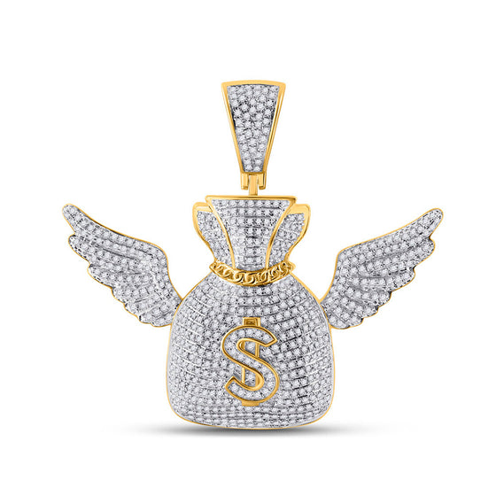 10k Yellow Gold Mens Round Diamond Money Bag Wings Charm Pendant 1-1/2 Cttw
