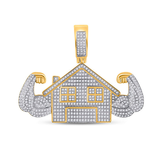 10k Yellow Gold Mens Round Diamond Flex Trap House Charm Pendant 1-1/2 Cttw