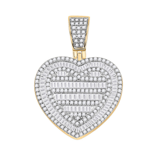 10k Yellow Gold Mens Baguette Diamond Heart Charm Pendant 1-1/3 Cttw