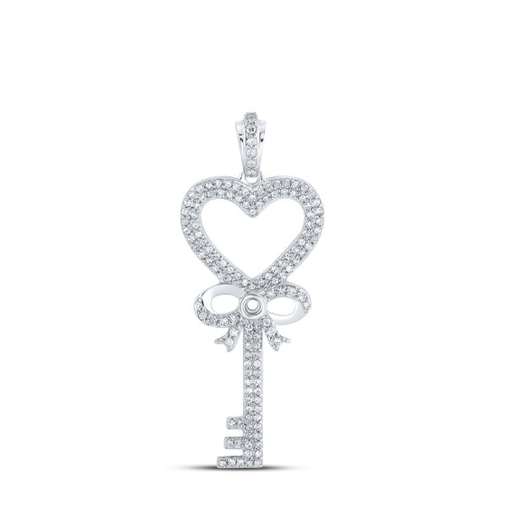 10k White Gold Womens Round Diamond Heart Key Pendant 1/2 Cttw