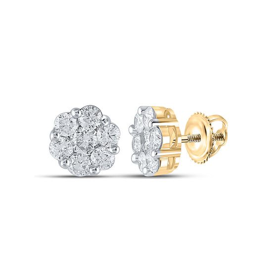 14k Yellow Gold Womens Round Diamond Flower Cluster Earrings 2 Cttw
