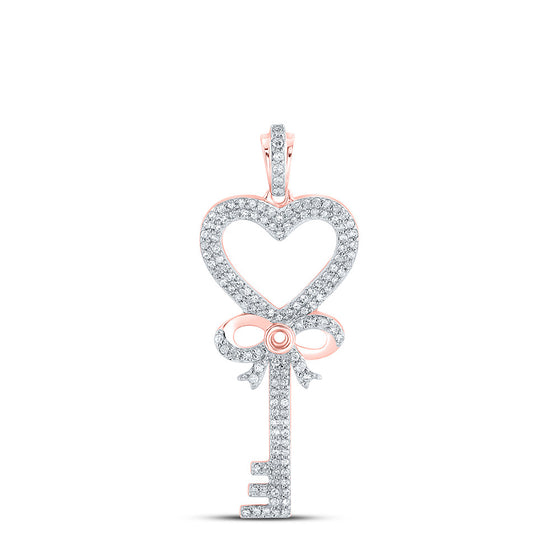 10k Rose Gold Womens Round Diamond Heart Key Pendant 1/2 Cttw