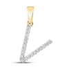 10k Yellow Gold Womens Round Diamond V Initial Letter Pendant 1/8 Cttw