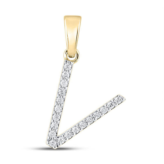 10k Yellow Gold Womens Round Diamond V Initial Letter Pendant 1/8 Cttw