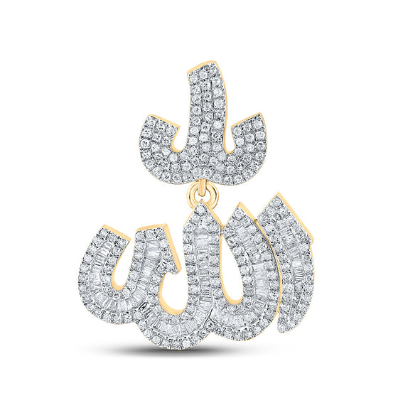 10k Yellow Gold Mens Baguette Diamond Allah Islam Charm Pendant 1-3/4 Cttw