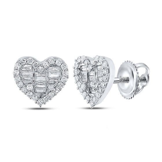 10k White Gold Womens Baguette Diamond Heart Earrings 3/8 Cttw