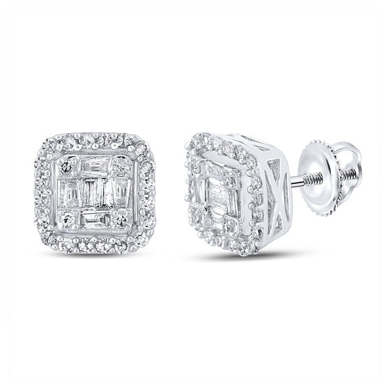 10k White Gold Baguette Diamond Square Earrings 1/2 Cttw