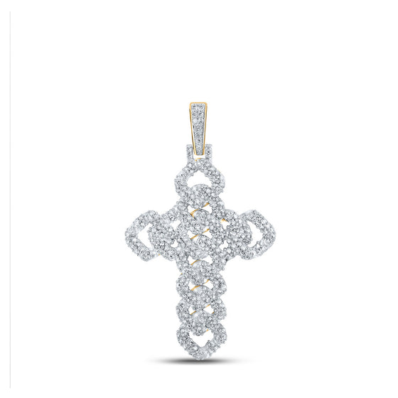 10k Yellow Gold Mens Round Diamond Cuban Link Cross Charm Pendant 1-3/4 Cttw