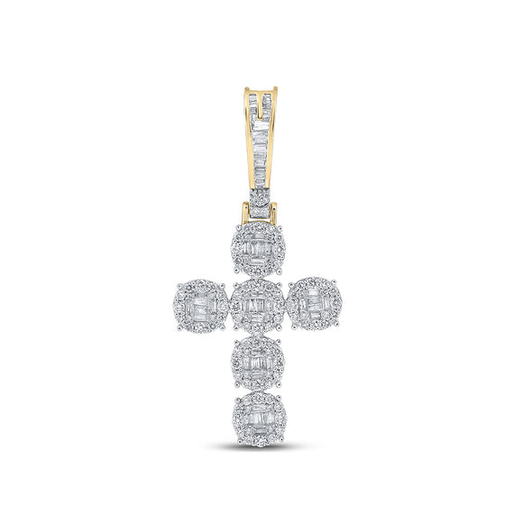 10k Yellow Gold Mens Baguette Diamond Cross Charm Pendant 1-3/4 Cttw