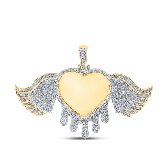 10k Yellow Gold Mens Baguette Diamond Dripping Memory Heart Charm Pendant 2-1/2 Cttw