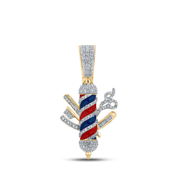 10k Yellow Gold Mens Baguette Diamond Barber Pole Charm Pendant 7/8 Cttw