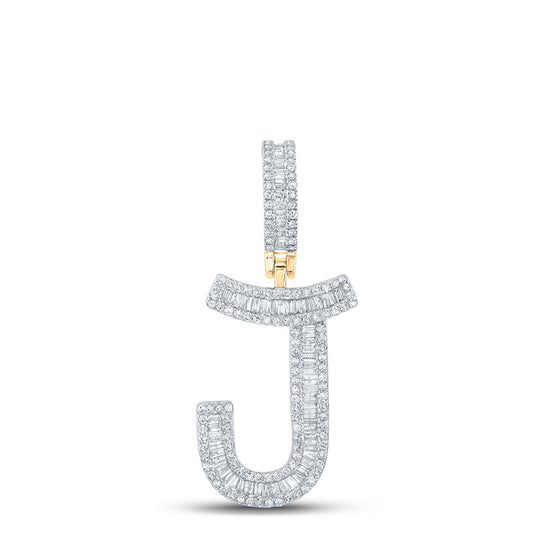 10k Yellow Gold Mens Baguette Diamond Initial J Letter Charm Pendant 3/4 Cttw