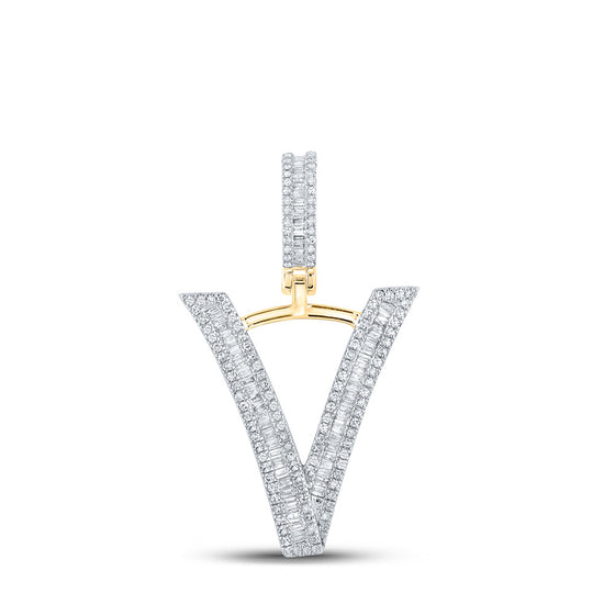 10k Yellow Gold Mens Baguette Diamond Initial V Letter Charm Pendant 3/4 Cttw