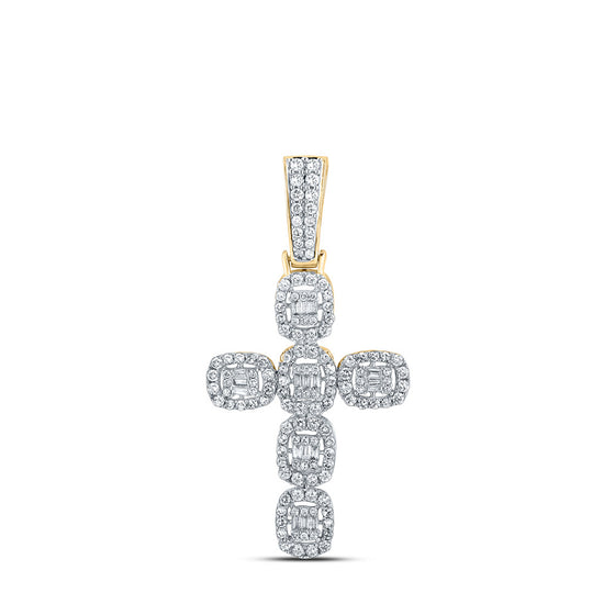 10k Yellow Gold Mens Baguette Diamond Cross Charm Pendant 1-1/3 Cttw