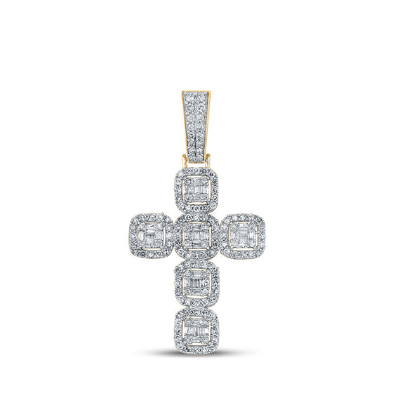 10k Yellow Gold Mens Baguette Diamond Cross Charm Pendant 1-1/3 Cttw