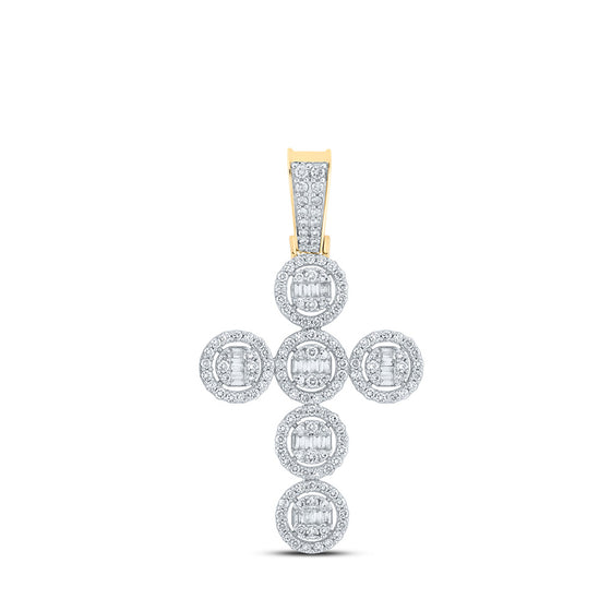 10k Yellow Gold Mens Baguette Diamond Cross Charm Pendant 1-5/8 Cttw
