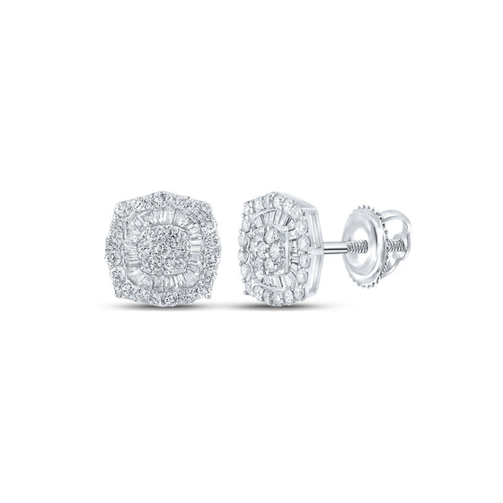10k White Gold Baguette Diamond Square Earrings 3/4 Cttw