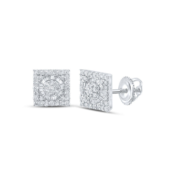 10k White Gold Baguette Diamond Square Earrings 7/8 Cttw