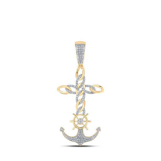 10k Yellow Gold Mens Round Diamond Anchor Cross Charm Pendant 3/8 Cttw