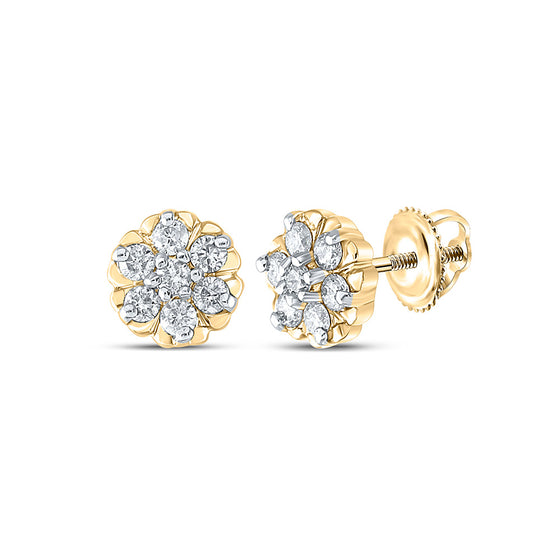 10k Yellow Gold Womens Round Diamond Flower Cluster Earrings 1/4 Cttw