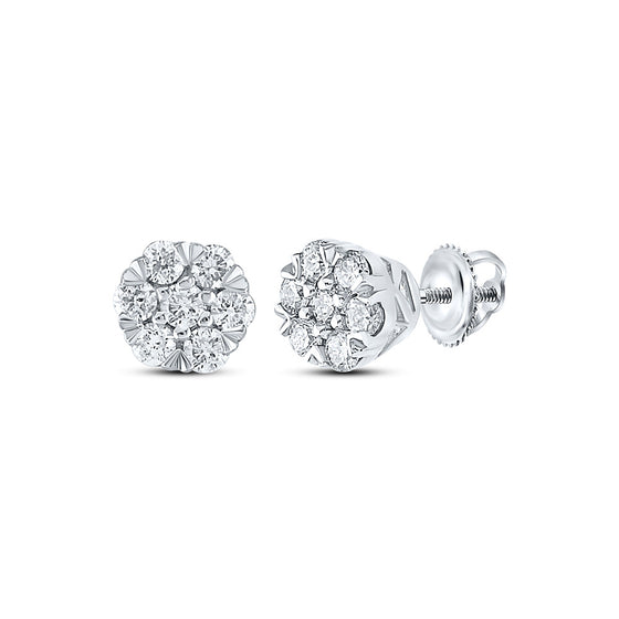 10k White Gold Womens Round Diamond Flower Cluster Earrings 1/4 Cttw