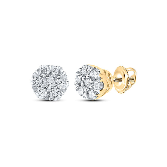 10k Yellow Gold Womens Round Diamond Flower Cluster Earrings 1/4 Cttw
