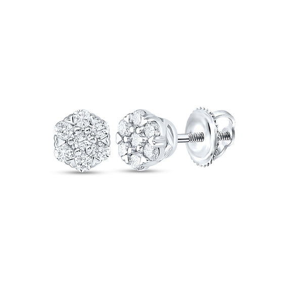 10k White Gold Womens Round Diamond Flower Cluster Earrings 1/4 Cttw