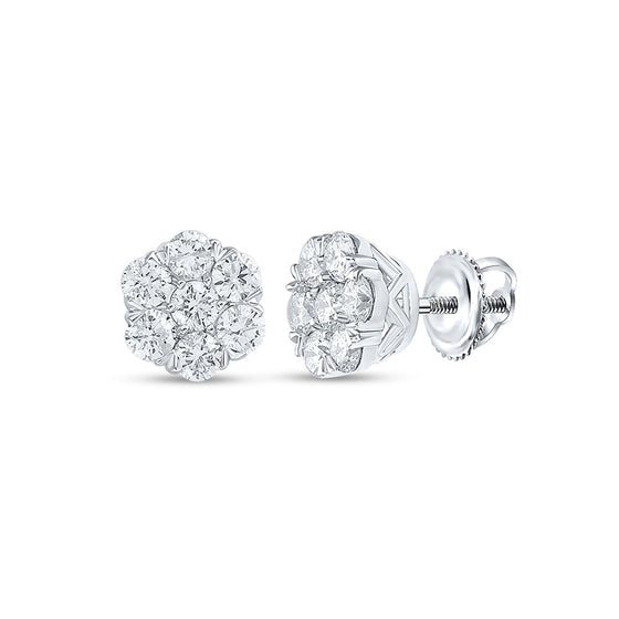 10k White Gold Womens Round Diamond Flower Cluster Earrings 1 Cttw