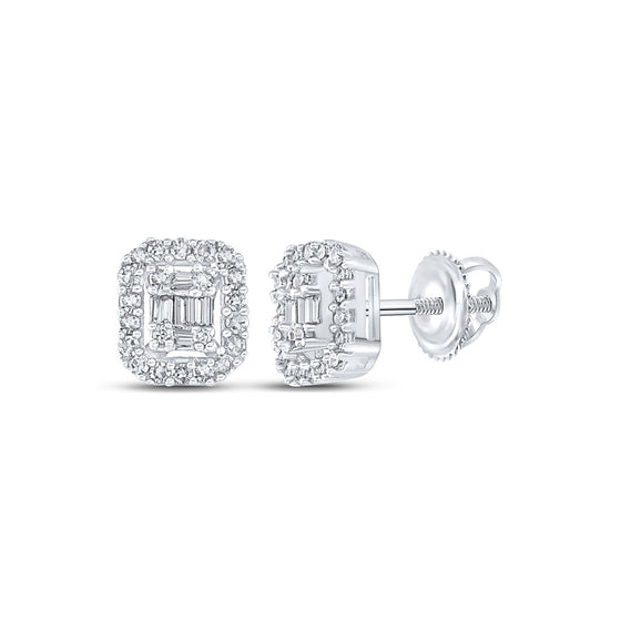 10k White Gold Baguette Diamond Cluster Earrings 1/4 Cttw