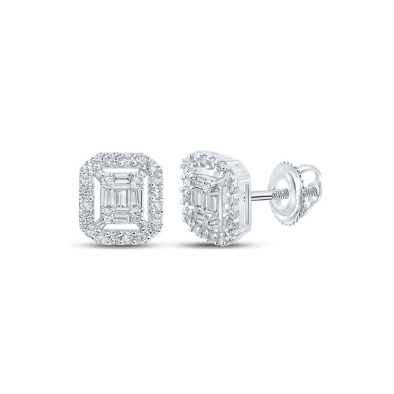 10k White Gold Baguette Diamond Cluster Earrings 1/4 Cttw