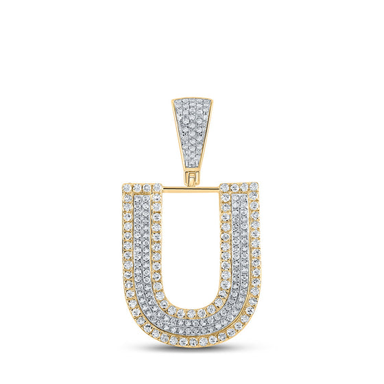 10k Two-tone Gold Mens Round Diamond Initial U Letter Charm Pendant 3/4 Cttw