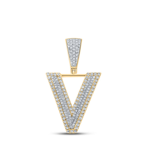 10k Two-tone Gold Mens Round Diamond V Letter Charm Pendant 3/4 Cttw