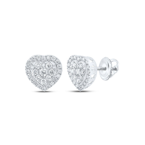 10k White Gold Womens Round Diamond Heart Earrings 1 Cttw