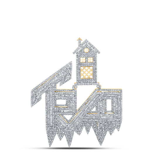 10k Yellow Gold Mens Baguette Diamond Trap House Phrase Charm Pendant 3-1/2 Cttw