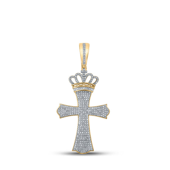 10k Yellow Gold Mens Round Diamond Crown Cross Charm Pendant 1 Cttw