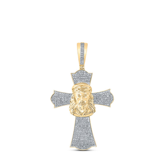 10k Yellow Gold Mens Round Diamond Jesus Cross Charm Pendant 1 Cttw
