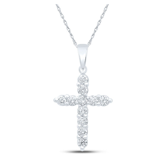 14k White Gold Womens Round Diamond Cross Pendant 1 Cttw