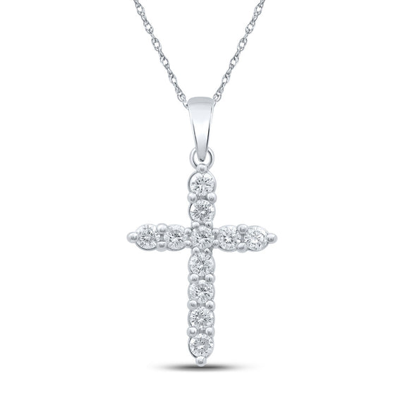 10k White Gold Womens Round Diamond Cross Pendant 1/2 Cttw