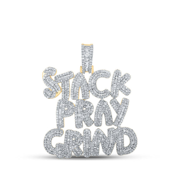 10k Yellow Gold Mens Baguette Diamond Stack Pray Grind Phrase Charm Pendant 3 Cttw