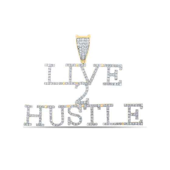10k Yellow Gold Mens Round Diamond Live 2 Hustle Phrase Charm Pendant 1 Cttw