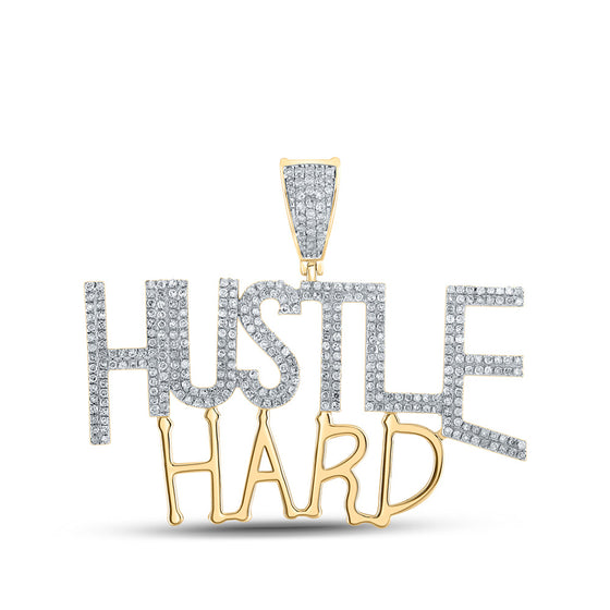 10k Yellow Gold Mens Round Diamond Hustle Hard Phrase Charm Pendant 1 Cttw