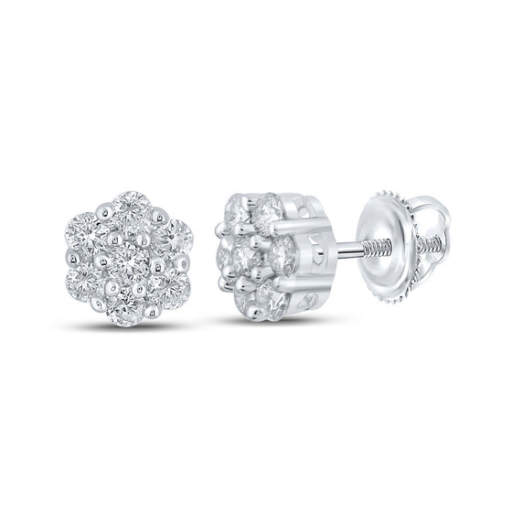 10k White Gold Round Diamond Flower Cluster Earrings 1/4 Cttw